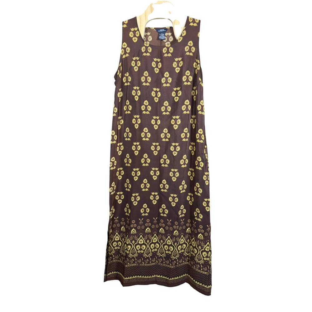 MPH Collection Dress Womens M Brown Yellow Floral Paisley Sleeveless Midi